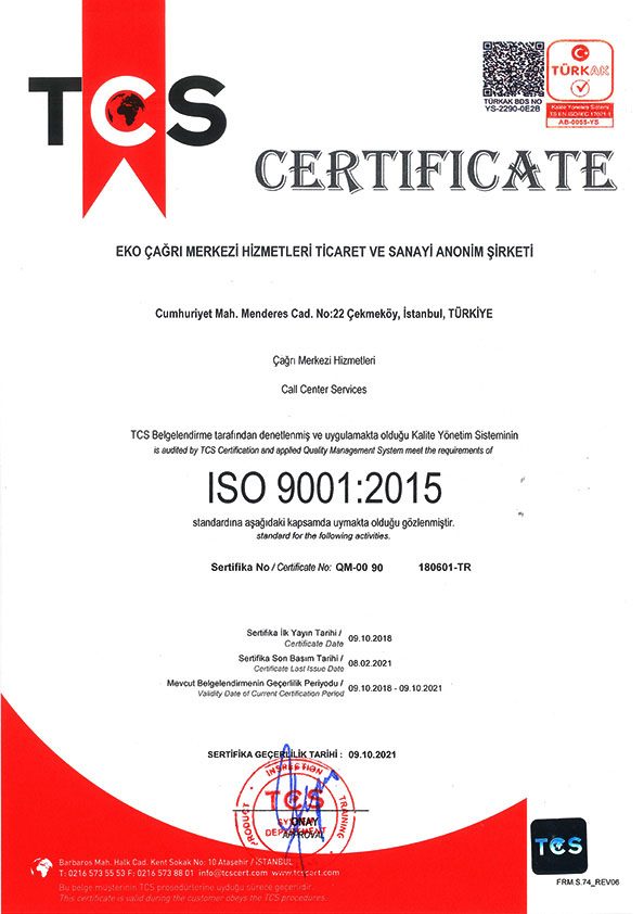 ISO 9001:2015 Kalite Yönetim Sistemi (TÜRKAK)